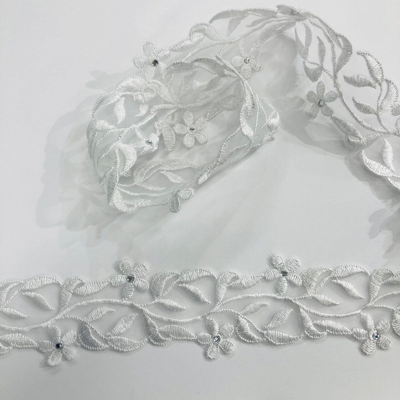 1 Yard Beaded Lace Trimming Embroidered on Organza | 2" Wide | Elegant Trim for Bridal & Formalwear